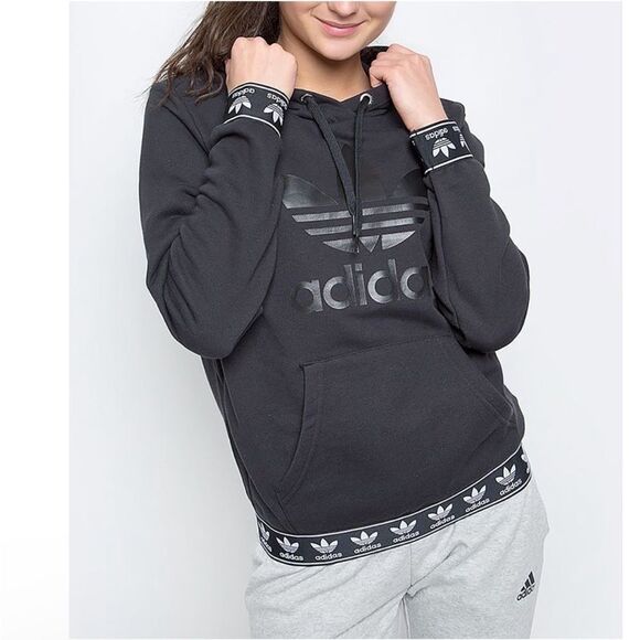 adidas Originals Tops - Adidas Originals Black Bayan Tape Logo Hoodie Pullover Sweatshirt Size Medium